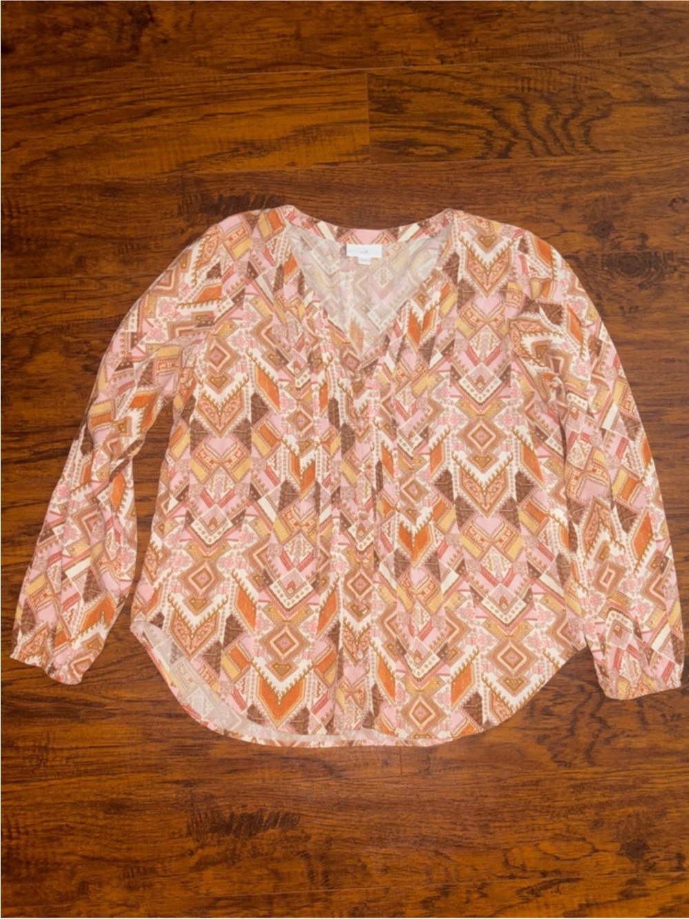 J. Jill Geometric Boho Blouse Tribal Button-Down Pleated Abstract Pink Brown Top